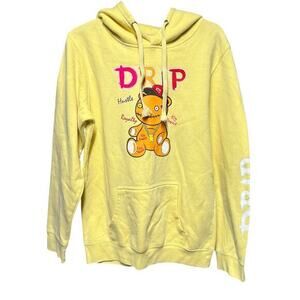 DRIP creepy ugly teddy bear hoodie sweatshirt yellow grunge thrashed sz L